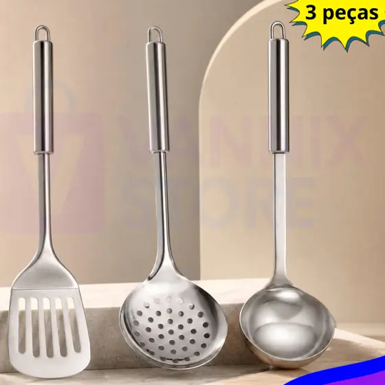 Conjunto Cozinha Inox Premium Espátula Vazada Escumadeira Concha Aço Inoxidável