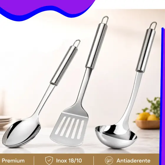 Conjunto Cozinha Inox Premium Colher de Arroz, Espátula Vazada, Concha de Feijão Aço Inox Inoxidável