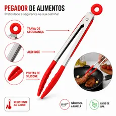 Kit Pegador de Silicone Inox Para Carne Churrasco Salada Utensílio Cozinha Universal Massa Macarrão
