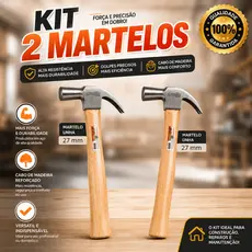 Kit 2 Martelo Unha Cabo Madeira Aço Carpinteiro Marceneiro Resistente Profissional Obra Atacado