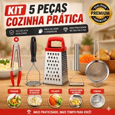 Kit 5 Utensílios para Cozinha Inox Descascador Legumes Amassador Batata Ralador Peneira Pegador