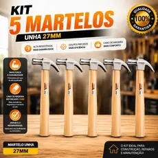 Kit 5 Martelos Unha Cabo Madeira Ferramenta Profissional Resistente Marcenaria Carpintaria Atacado