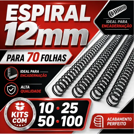 Espiral P/ Encadernação Preto 12mm kits com 10, 25, 50 ou 100