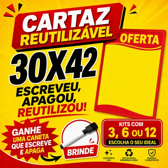 Cartaz Reutilizável de Oferta Promoção A3 30x42cm Papel Laminado + Caneta Apagável - kits com 03, 06 ou 12
