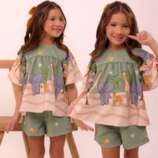Conjunto Infantil Menina Estampado Cores Verão Casual Festa Aniversario Blogueirinha Short e blusa