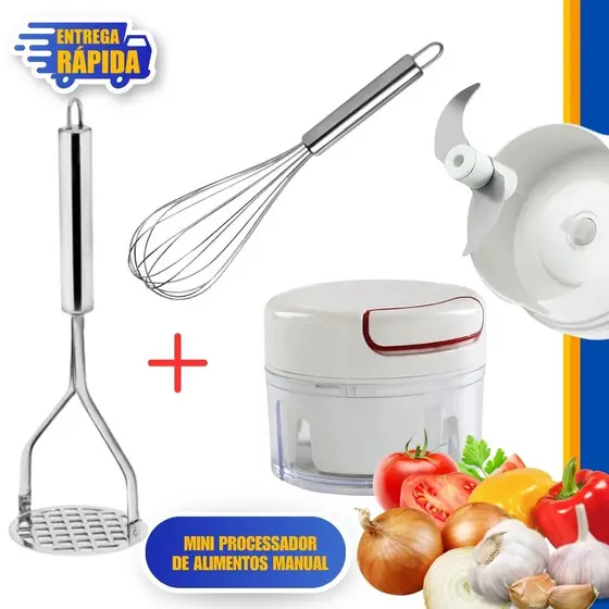 3 Peças: 1 Amassador de batatas + 1 Fue + 1 Processador Manual de alimentos e Triturador 2 Lâmina