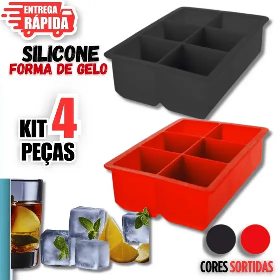 4 Peças de Forma de Gelo em silicone com 6 cubos p/ whisky tchay Bebidas Geral Fruta Multiuso Premium