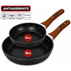 2/1 Frigideira 16 e 18cm Granito Antiaderente de Alumínio Revestimento Cerâmico Premium Cabo Madeira