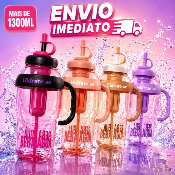 Garrafa de Água Grande 1300ml com Canudo Em Silicone e Filtro com Tampa Resistente Academia Fitness