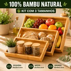 Kit 3 Bandejas de Bambu Natural Retangulares para Café da Manhã Servir Frutas Pães Decoração Cozinha