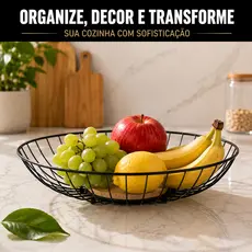 Fruteira Aramada de Mesa em Metal Preto com Base de Madeira Porta Frutas Organizador para Cozinha