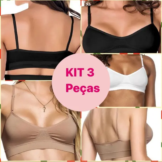 Kit 3 Sutiã Top Sem Costura Sem Bojo Zee Rucci Modelo Básico Alças Ajustáveis Comfort