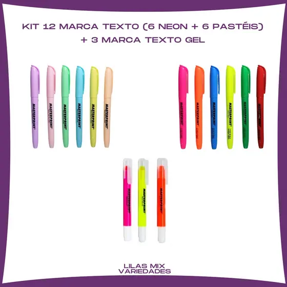 Kit 12 Marca Texto (6 neons + 6 pastéis) + 3 Marca Texto Gel
