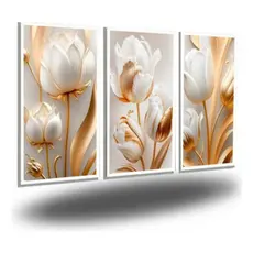 KIT 3 Quadros Decorativos Sala Flores Tulipas Brancas Gold Flor 4k  120*60CM
