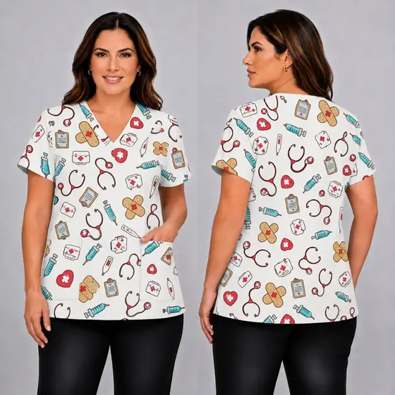 Blusa Bata Scrub Pijama Cirúrgico Estampada Feminina Enfermagem Enfermeira Saúde