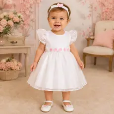 Vestido Princesa Bebê Luxo Branco com Rosas + Tiara 100% Algodão
