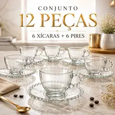 Jogo 6 Xícaras de Vidro com 6 Pires 12 Peças Café Chá Brasiliano ou Bubbly Transparente Moderno