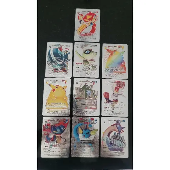 Kit 10 Cartas Pokémon Prateadas VMAX Brilhantes Coleção Cartinhas Especiais Metalizadas