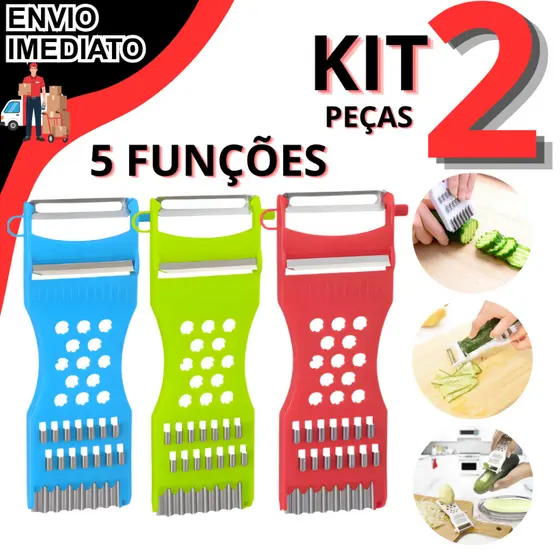 Kit com 1 ou 2 Descascador Fatiador Ralador Multifuncional 5 em 1 de Legumes Frutas Alimentos Prático Cozinha Novo