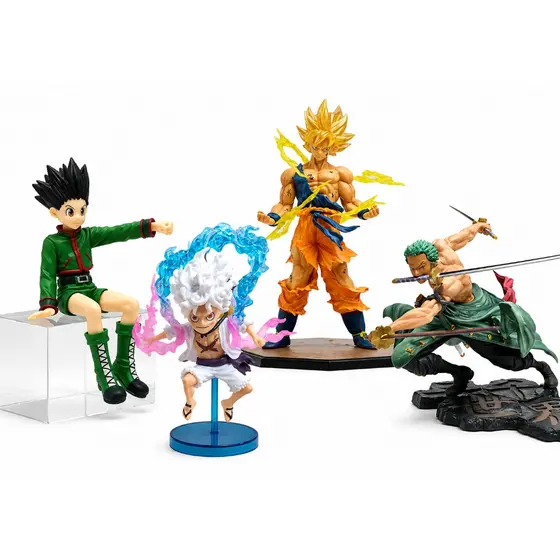 Kit 4 Action Figures Anime Colecionáveis Gon Luffy Gear 5 Goku Super Saiyajin Zoro Decoração