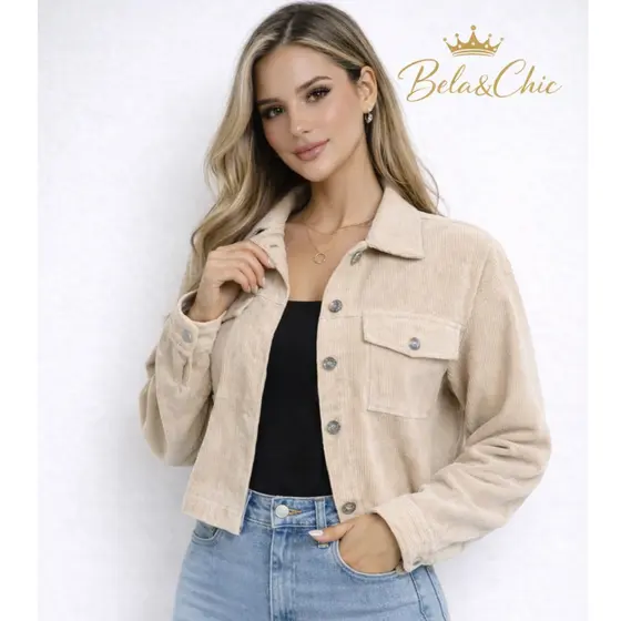 Jaqueta Cropped Feminina Veludo Cotelê Casual Chic com Botões Moda Outono Inverno
