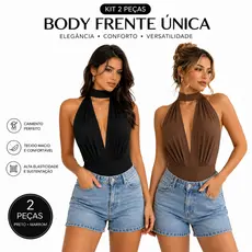 Kit 2 Bodies Femininos Gola Alta Decote Profundo Drapeado Look Elegante