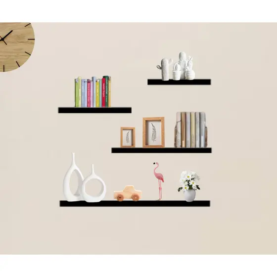 KIT 4 Prateleiras Marte MDF reta  - Cinza e Preto Suporte decoração