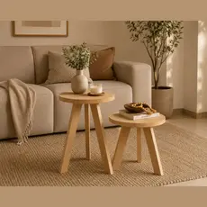 Conjunto 2 Mesinhas de Centro Em MDF Redondo Branco e Natural Mesa de Apoio e Lateral Sofisticado E Moderno