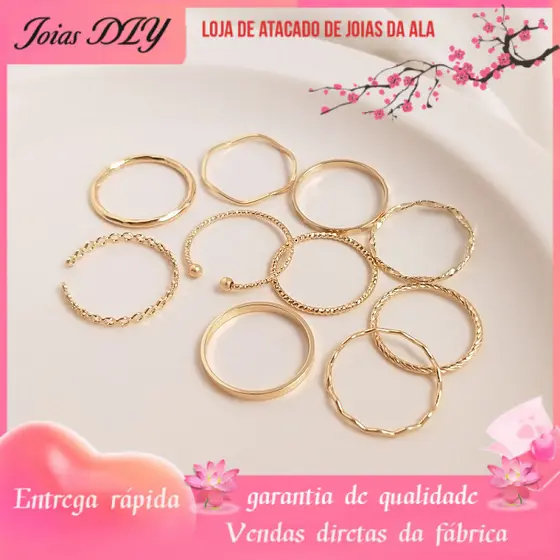 14K banhado a ouro cor-preservando lote flor onda anel simples ins estilo anel combinação cauda anel feminino na moda DI