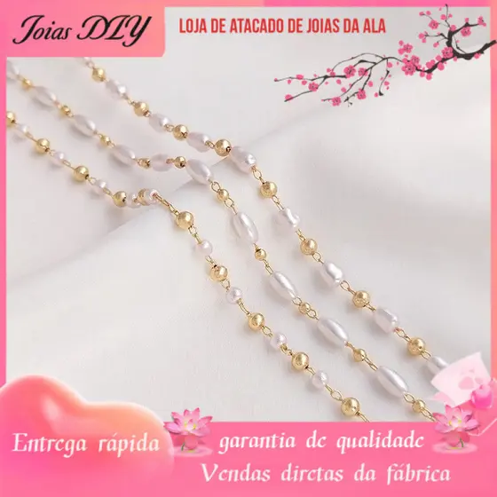 Corrente artesanal de preservação de cor 14K banhada a ouro pérola contas de arroz em formato especial cabaça contas esp