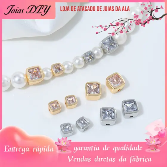 14K banhado a ouro quadrado zircão quadrado através do furo espaçador contas artesanais DIY corda de cristal pérola mão