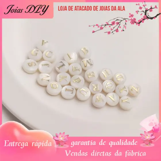 Concha Natural dupla face gotejamento de óleo Metal pegajoso 26 letras buraco reto plana espaçador contas DIY pulseira f