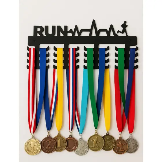 Porta Medalhas RUN 32 Medalhas MDF Preto | Esporte Corrida