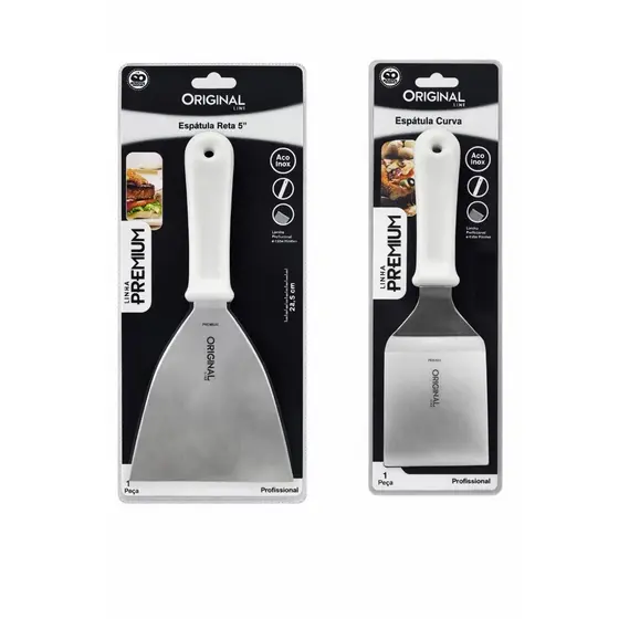 Kit Com 2 Espátulas Em Inox Reta E Curva Para Lanches Chapa Cozinha Chapeiro Lanchonete