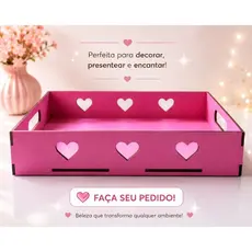 Bandeja Retangular Coração Rosa Mdf