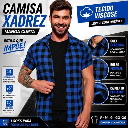 camisa xadrez masculina camisas manga curta viscose masculino colorida