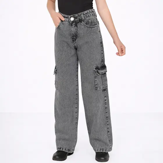 Calça jeans wide leg cargo juvenil infantil menina jeans cintura alta pantalona