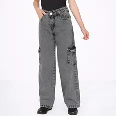 Calça jeans wide leg cargo juvenil infantil menina jeans cintura alta pantalona