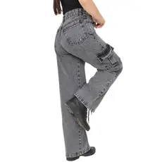 Calça jeans menina cargo pantalona wide leg bolso lateral