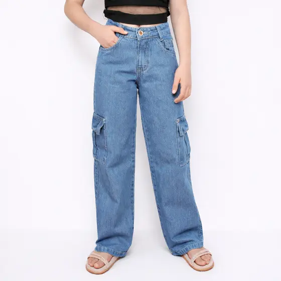 Calça cargo wide leg jeans infantil juvenil pantalona 10 ao 16