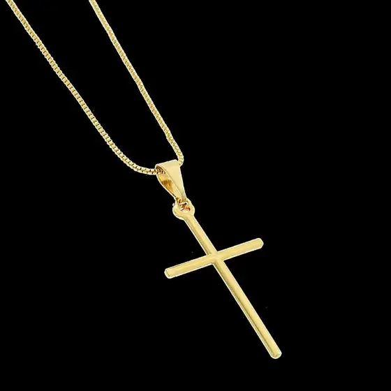 corrente Veneziana corda fina + pingente cruz  palito masculina dourado a ouro e prata aço inox