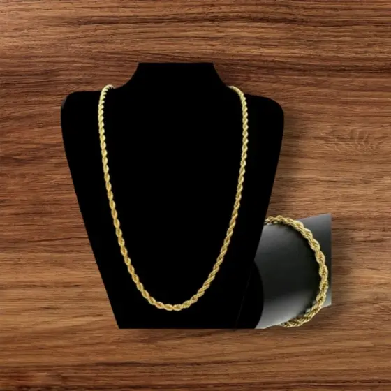 colar cordão 60 cm unissex +Pulseira aço inox dourados e prateado