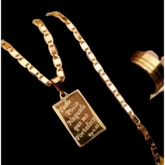 Corrente piastrina 3mm aço inoxidável banhado a ouro 18k com pingente tudo posso