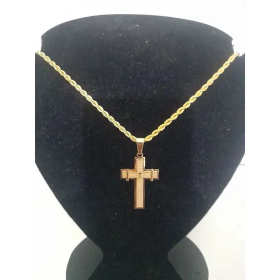 Corrente corda baiana dourado a ouro com pingente cruz pai nosso dourado masculino