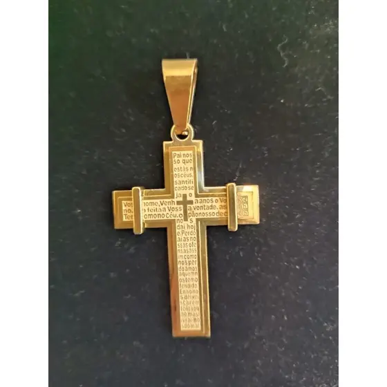 Pingente Pai Nosso Cruz grande e pesado dourado aço inoxidável masculino