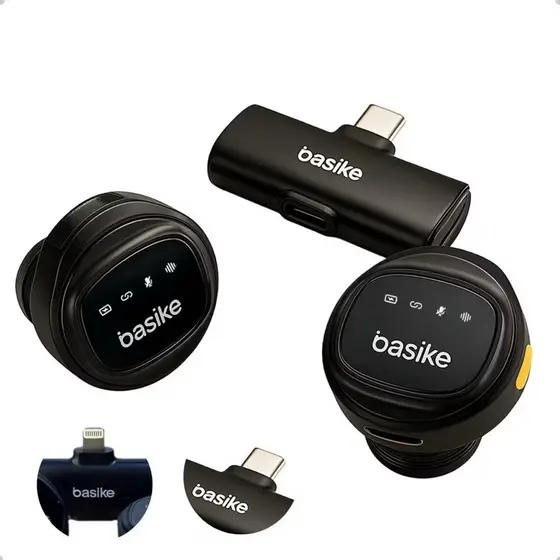 Microfone de Lapela Sem Fio Basike - Qualidade de Áudio | Tipo-C & Lightning - Original - academia