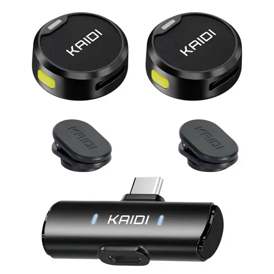 Microfone Lapela Sem Fio Kaidi KMF4-C Tipo C e KMF4-A Lightning | Duplo, Live, Podcast, Aulas