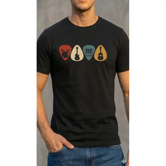 Camiseta Masculina Vintage Retrô Música Palhetas Banda Camisa Masculina  Algodão Premium -Blusa Masculina Básica  VT0011
