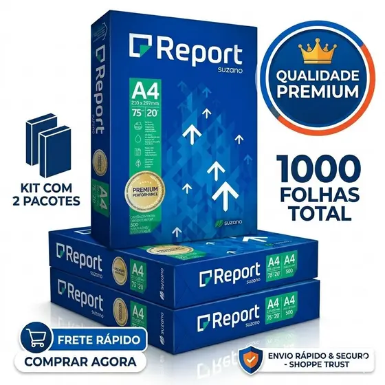 Kit 2 Papel Sulfite A4 75g Suzano Report 1000 Folhas