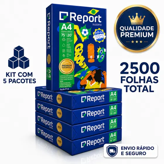 Kit 5 Pacotes de Papel Sulfite Report Folha Ofício Para Impressão A4  com 500 Folhas